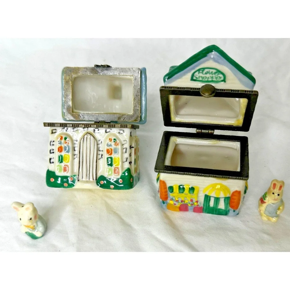 Trinket Box Church Flower Shop Bunny Rabbit Set 2 Mini Ceramic Lid Opens